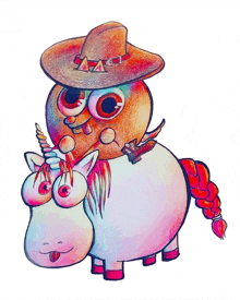 a drawing of a cowboy holding a unicorn with a braided tail