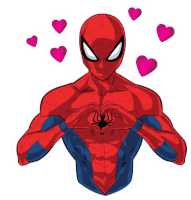 a sticker of a spiderman making a heart shape with his hands