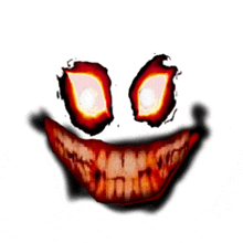 a close up of a scary face with glowing eyes and red teeth