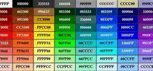 a table showing a variety of colors with numbers on them