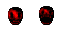 a pixel art of a skull with red eyes and a black background .