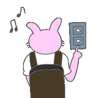 a cartoon of a pink bunny with a backpack holding a button