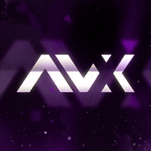 a purple and white logo for avx on a dark background