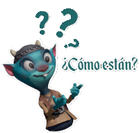 a cartoon character has a question mark above his head and the words como estan below him