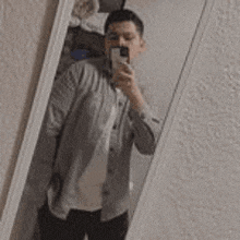 a young man is taking a selfie in a mirror .