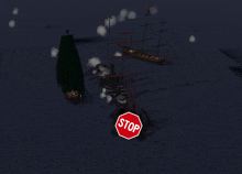 a stop sign is in the middle of a pirate ship scene