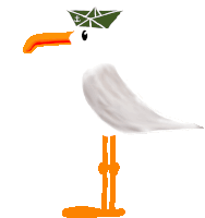 a drawing of a seagull wearing a paper boat hat with a cross on it