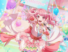 a girl in a pink dress singing into a microphone in front of a sign that says palette 's