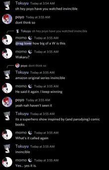 a screenshot of a discord conversation between momo and tokuyo