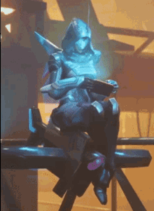 a statue of a person in a futuristic outfit is sitting on a beam