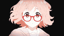 an anime girl with pink hair and red glasses