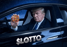 a man in a suit and tie is sitting in a car with the word lotto on the door