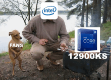 a man with an intel logo on his face and a dog standing next to him