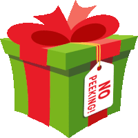 a green gift box with a red bow and a tag that says no peeking