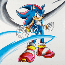 a drawing of a blue and red sonic the hedgehog with rings on his shoes