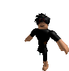 a roblox character is walking on a white background . he is wearing a black shirt and black pants .