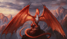 a painting of a red dragon sitting on a rock with mountains in the background