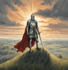 a knight with a sword and a red cape stands on a hill