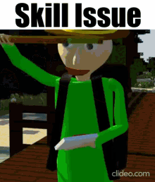 a cartoon character in a green shirt is holding a piece of paper with the words skill issue written above him .