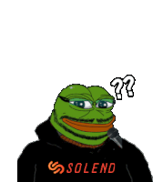 a green frog wearing glasses and a black shirt with the word solend on it