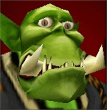 a close up of a green cartoon character 's face with large teeth and a red background .