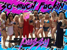 a group of women in bikinis are posing for a picture with the word pussy written in pink