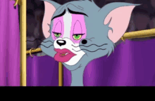 a close up of a cartoon cat with a purple curtain in the background