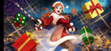 a girl in a santa claus costume is holding a candy cane surrounded by gifts .