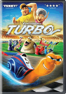 a movie poster for turbo shows a group of snails racing on a track .