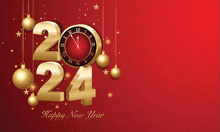 a happy new year card with gold numbers and a clock on a red background