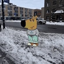 a cartoon character is standing in the snow on the side of a street .