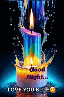 a picture of a candle with the words good night love you blue on it