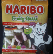 a bag of haribo fruity-bussi candy with a picture of a white cat on it