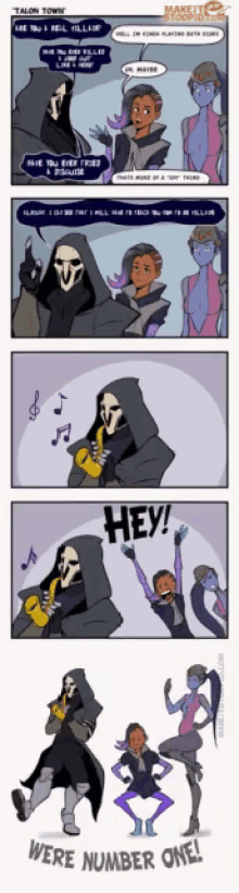 a comic strip shows a grim reaper talking to a girl and says hey we 're number one !