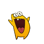 a cartoon character with big eyes and a tongue sticking out is laughing .