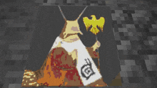 a pixel art of a fox holding a torch and a flag with the letter g on it