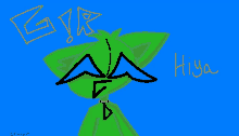 a drawing of a green cat with the word hiya in orange