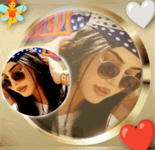 a woman wearing sunglasses and a bandana is in a circle with hearts and a fairy