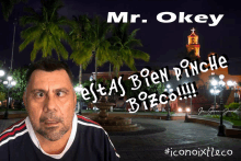 a man with a beard is standing in front of a fountain with the words " mr. okey " on the top