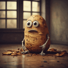 a potato with arms and legs is sitting on a wooden floor in front of a window