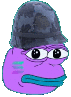 a purple frog wearing a military helmet with a blue tongue