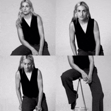 a woman in a black tank top sits on a stool in four different poses