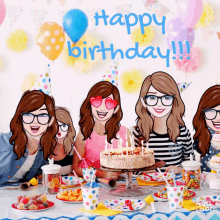 a group of girls sitting at a table with a birthday cake and the words happy birthday written on the bottom