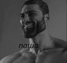 a black and white photo of a shirtless man with the word " naua " on the bottom right