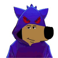 a cartoon dog wearing a blue hoodie with red eyes