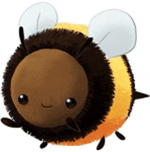 a stuffed bee with a brown head and yellow body is flying on a white background .