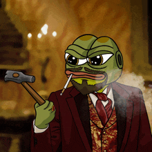 a cartoon of pepe the frog smoking a cigarette while holding a hammer