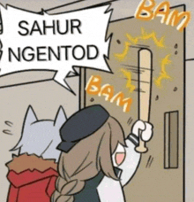 a cartoon of a woman holding a bat and a sign that says sahur ngentod .