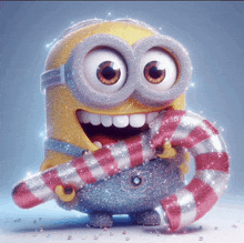 a minion holding a candy cane in its mouth