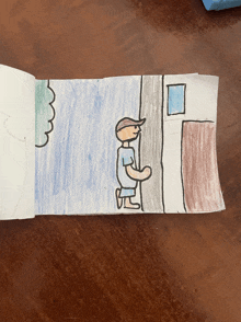 a drawing of a man standing next to a door